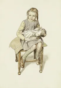 Pigtails: Young girl sits on a stool with a doll