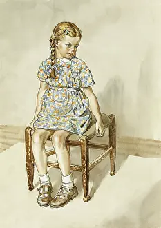 Pigtails: Young girl sitting on stool