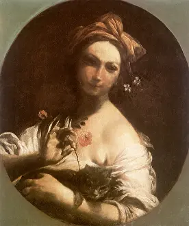 1720: Young Girl teasing a Cat with a Rose Stem