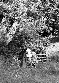 Peering: Two young girls peering over the gate of a field