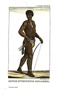 Vaillant: Young Gonaqua man, with bow and arrows, of