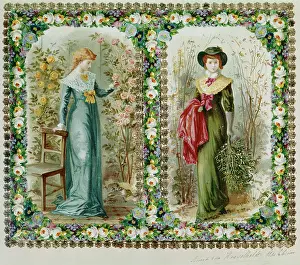 Seem: Two young ladies with roses and mistletoe
