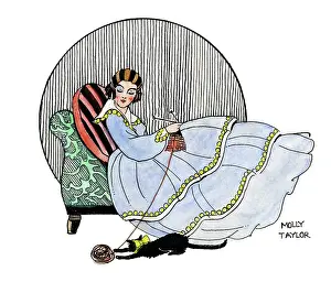 Longue: Young lady on a chaise longue knitting