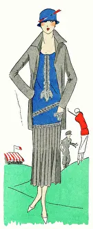 Pleating: Young lady in grey and blue outfit by Bernard