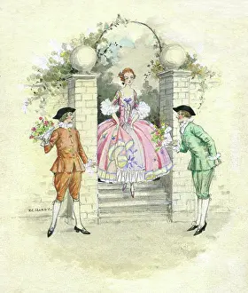 Bunches: Young lady on steps and two young gentlemen