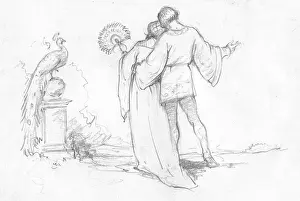Peacocks: Two young lovers take a stroll in a garden