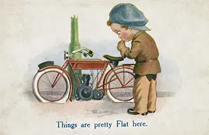 Deflated: Young man and motorcycle on a comic postcard