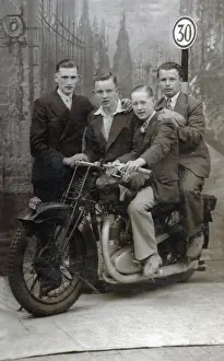 Foursome: Young men on 1920s Coventry Eagle motorcycle