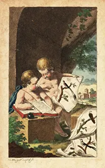Inkwell: Two young ornithologists studying bird prints, 18th century