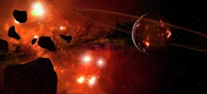 Planetoid: A young ringed planet with glowing lava and asteroids in ?