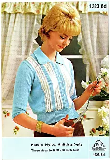 Fringe: Young woman in a blue and white knitted top