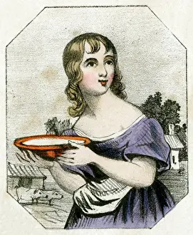 Neckline: Young woman with dish of milk