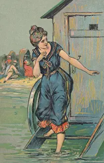Alighting: Young woman emerges from bathing machine