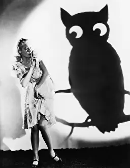 Enigma: Young woman looking at a shadow of an owl with her