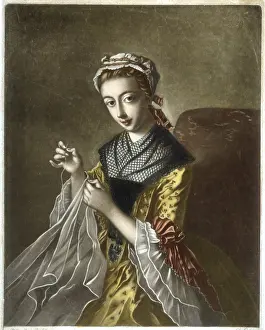 Mezzotint: YOUNG WOMAN SEWING