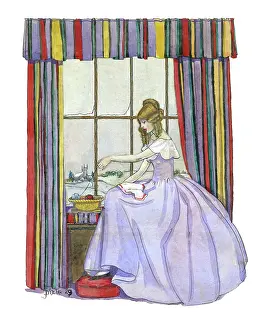 Pixie: Young woman sitting by a window sewing