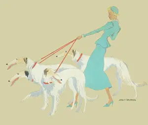 Young woman walking four Borzois