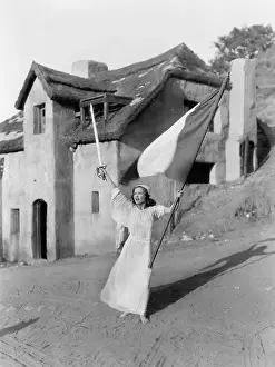 Pennants: Young woman walking with a flag and a sword