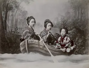 Tableau: Young women in a rowing boat, studio scene tableau