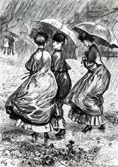 Umbrellas: Young women using umbrellas. Illustration by Gordon