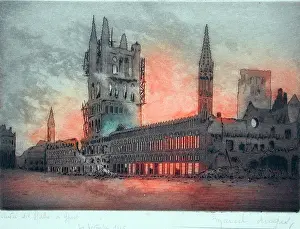 Aquatints: Ypres, Cloth Hall on fire