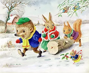 Hedgehogs: The Yule Log with hedgehog, rabbit, squirrel and mouse