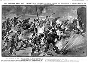 Vindictive: Zeebrugge mole fight: marines charging along the mole, 1918